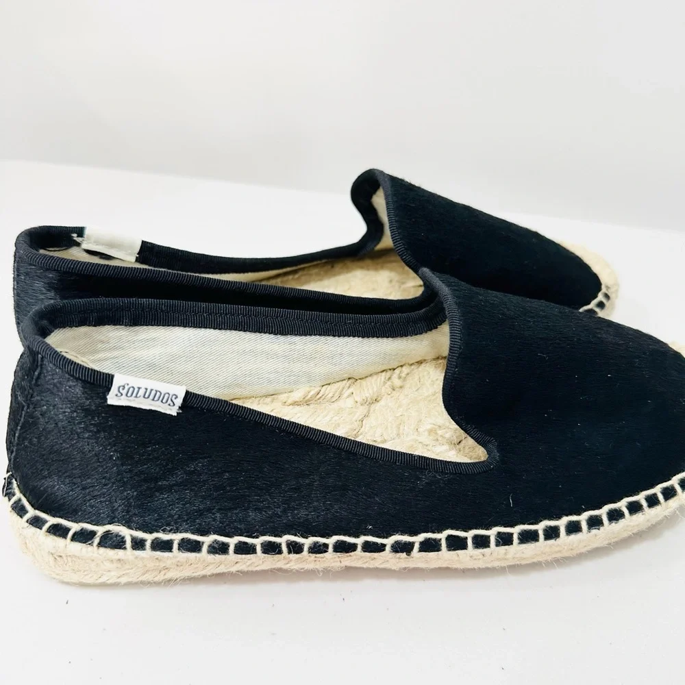 Soludos Leather Espadrille Platform Smoking Slipper Flat Size 8M‎ Black